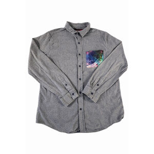 On The Byas Button Up Shirt Mens L Gray Galaxy Pocket Long Sleeve